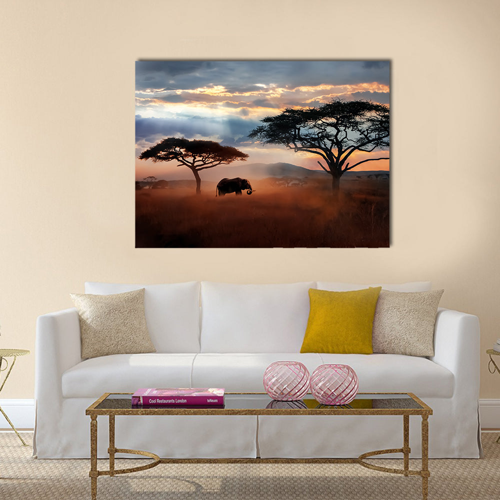 Wildlife Of Tanzania Canvas Wall Art in brown, orange and blue, single panel hung on a wall