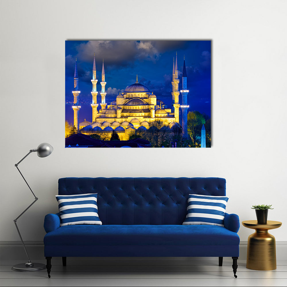 Blue Mosque In Istanbul Canvas Wall Art in gold, yellow and blue, single panel hung on a wall