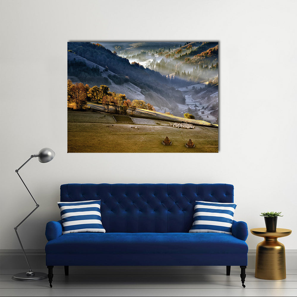Shepherd With Sheep Heard In The Mountains Of Romania Canvas Wall Art