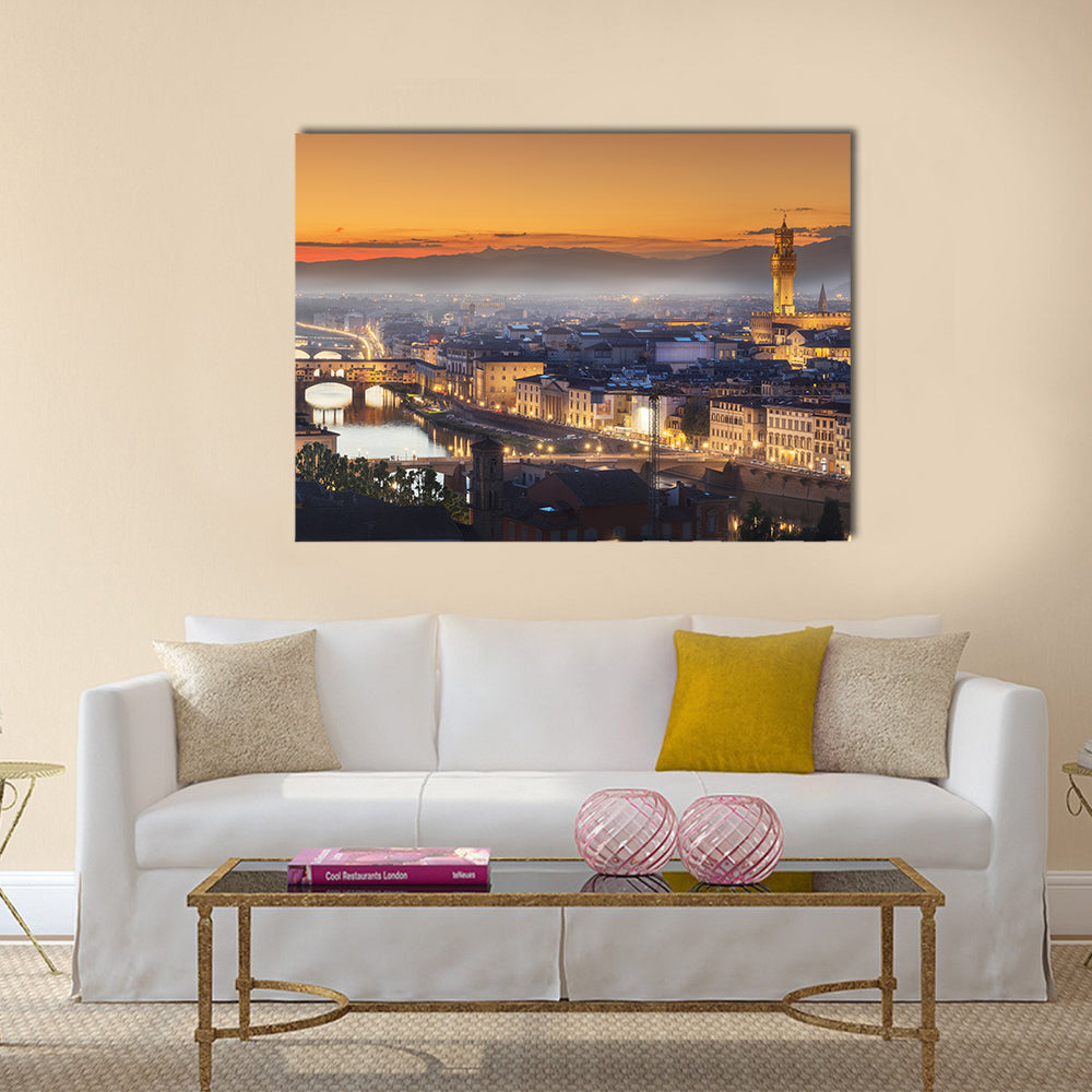 Florence During Sunset Canvas Wall Art in brown, orange and yellow, single panel hung on a wall