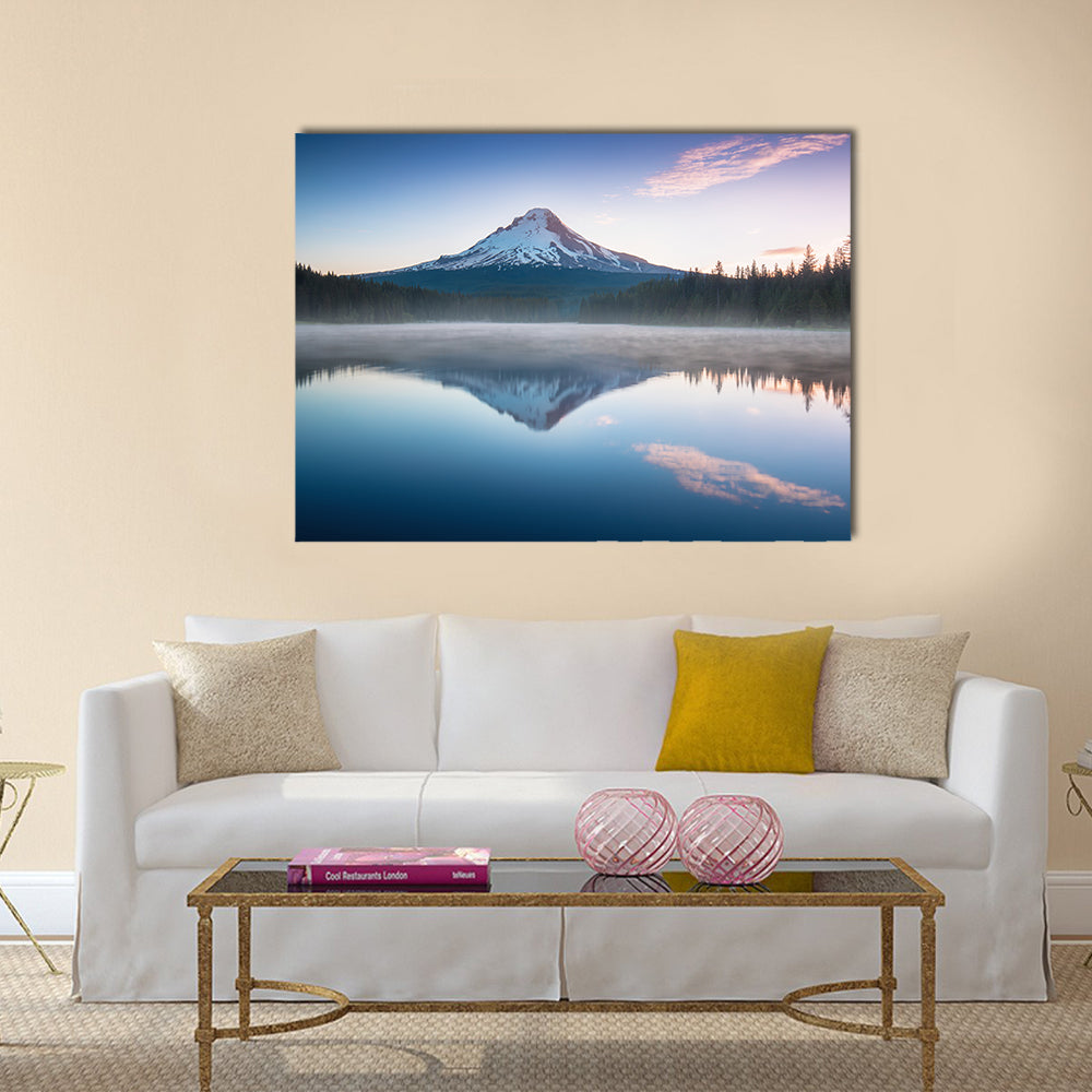 The Volcano Mountain Mount Hood Canvas Wall Art in white, blue and navy, single panel hung on a wall