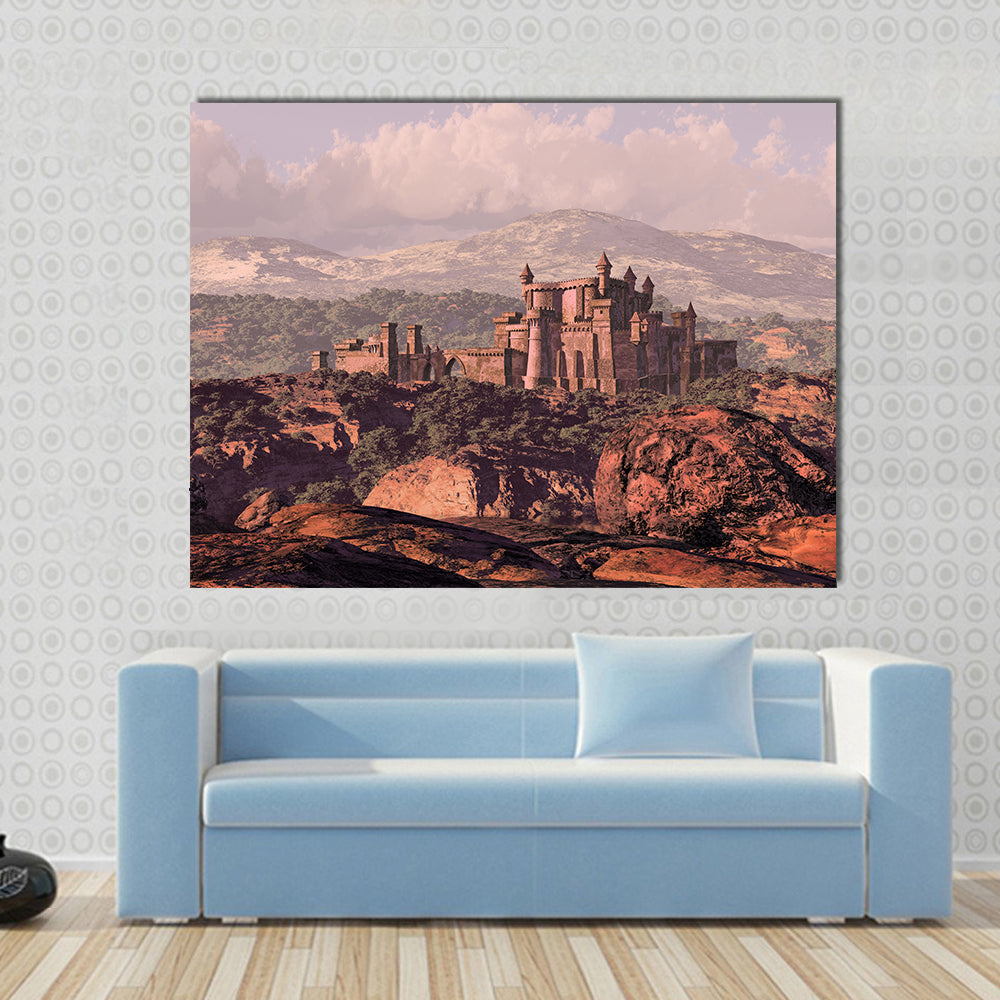Medieval Castle Fortress Canvas Wall Art in beige, brown and pink, single panel hung on a wall