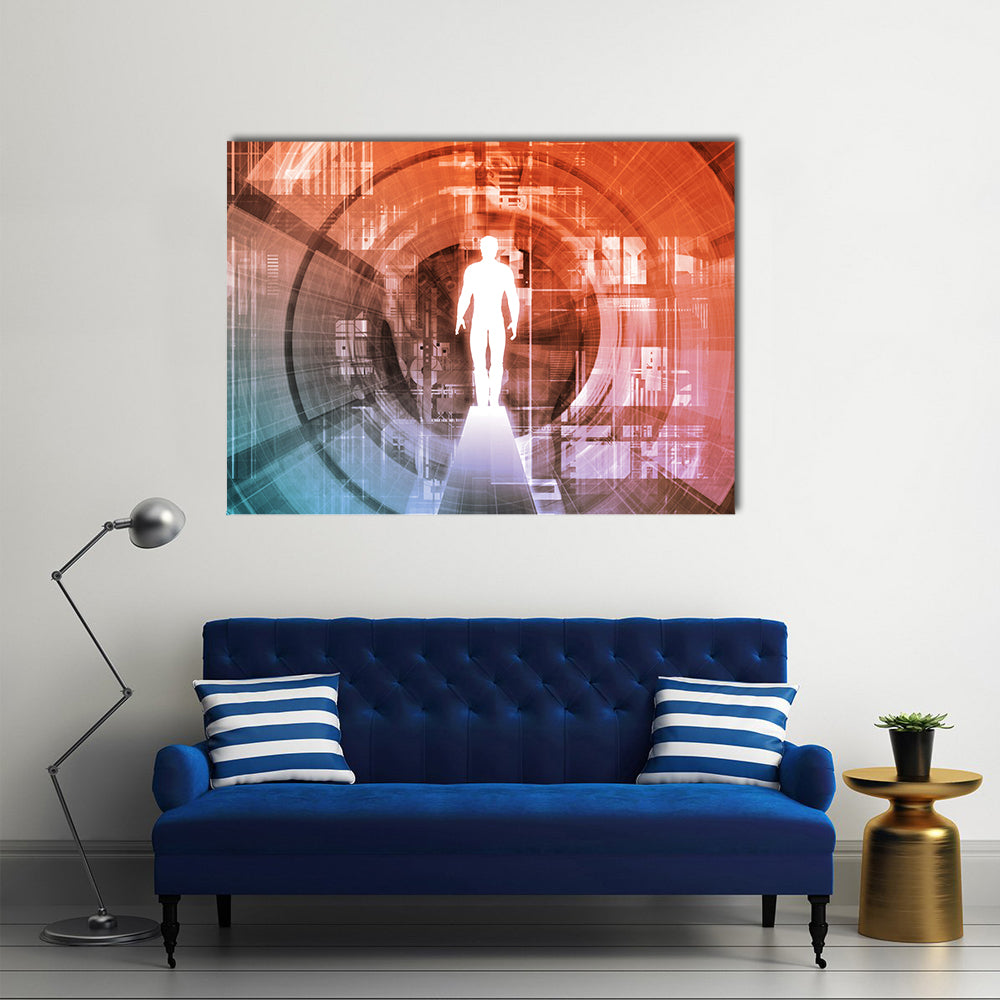 Technology Gateway with Glowing White Figure Canvas Wall Art in white, orange and blue, framed print, product view on a white background