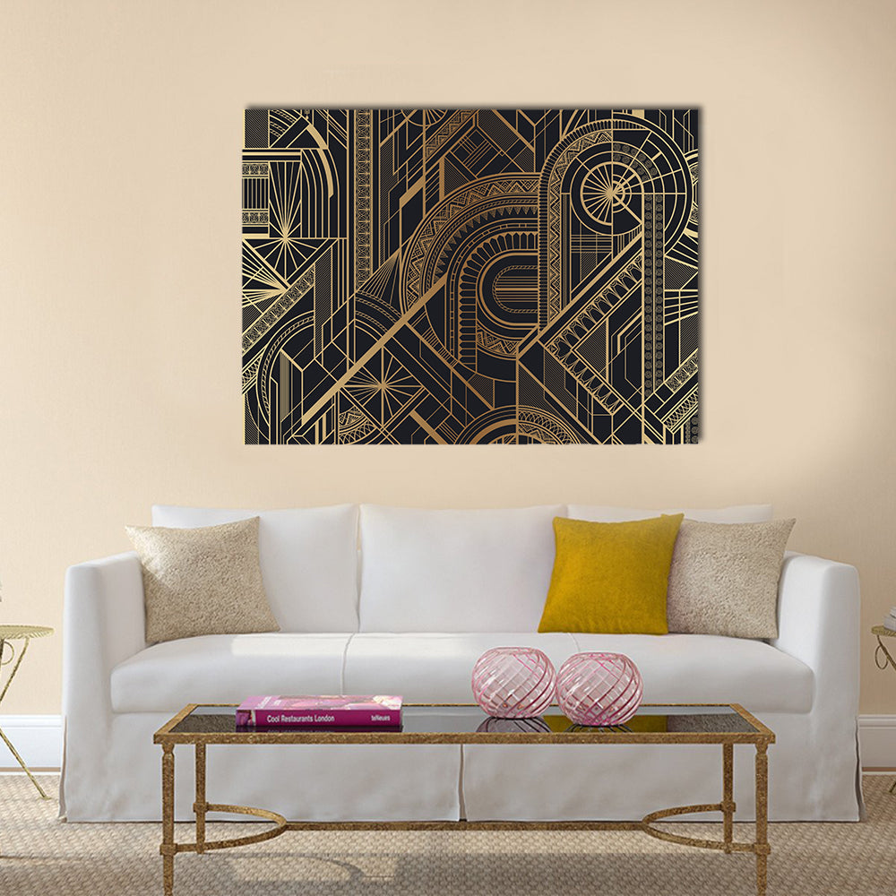 Circles and Ornaments Pattern Canvas Wall Art in black and gold, single panel hung on a wall