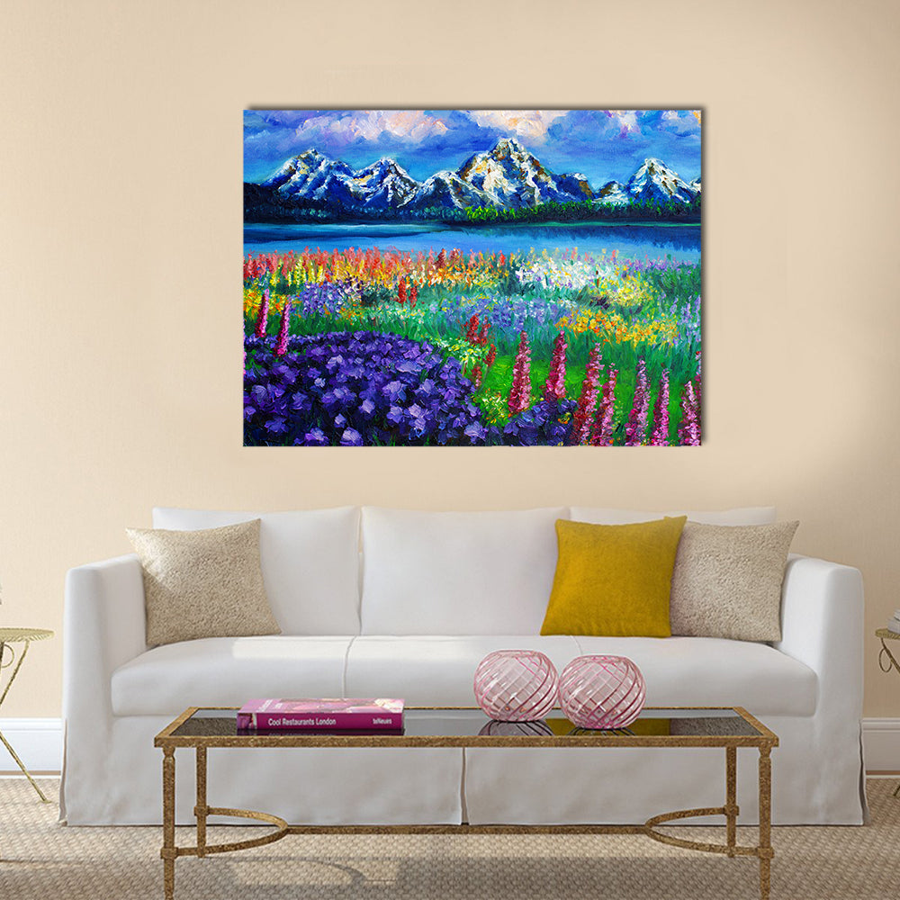 Spring Mountain Lake Canvas Wall Art in green, blue and purple, single panel hung on a wall