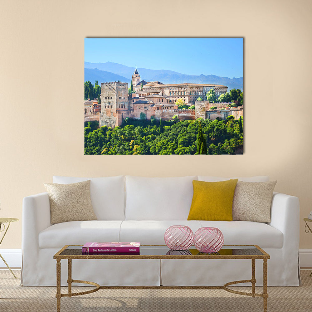 Alhambra Palace Complex In Spain Canvas Wall Art in beige, green and blue, single panel hung on a wall