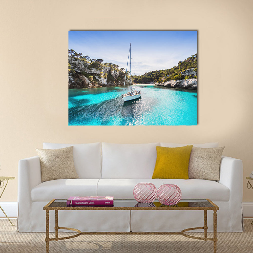 Anchored Sailboat in Turquoise Bay Canvas Wall Art