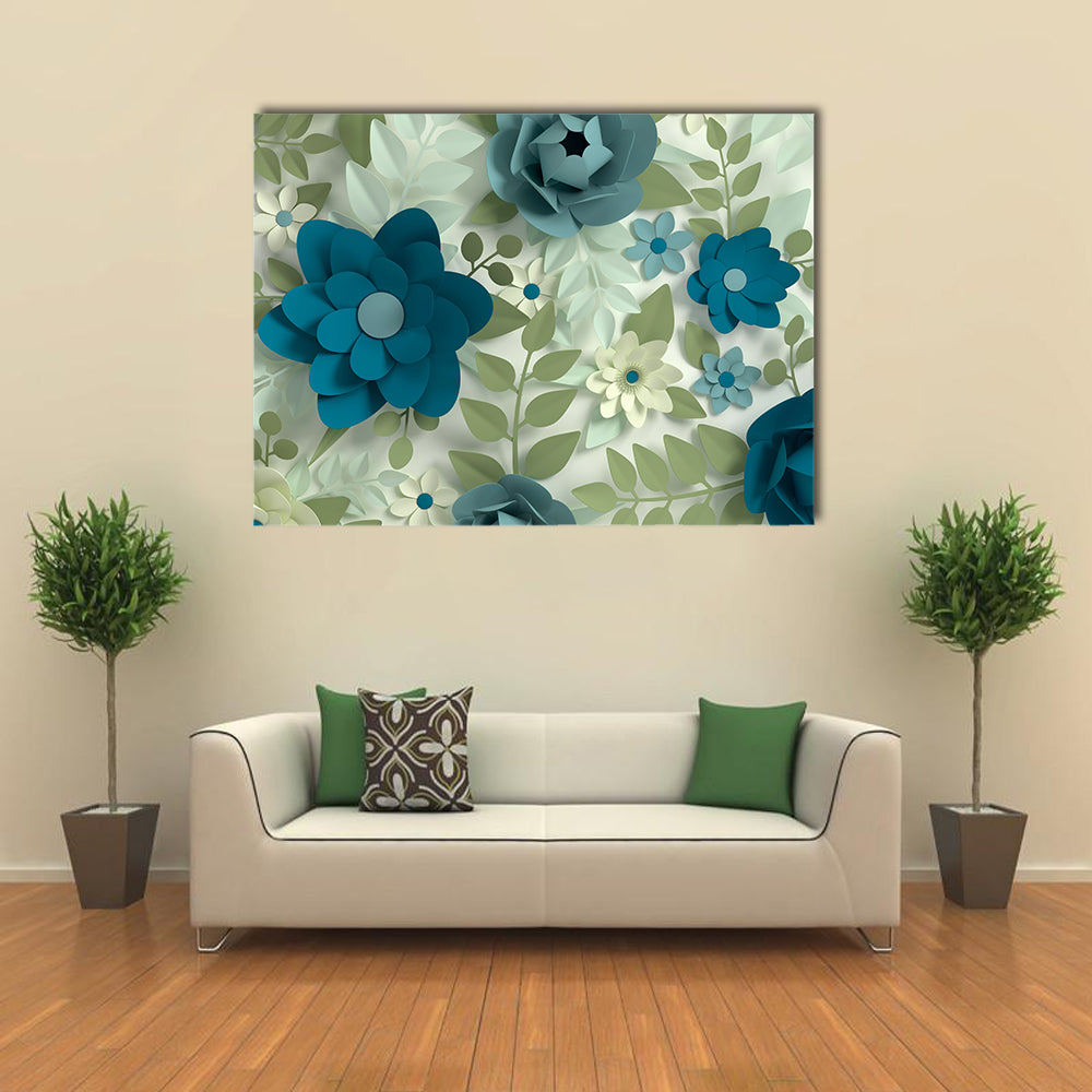 Layered Pastel Paper-cut Flowers Canvas Wall Art in beige, green and blue, single panel hung on a wall