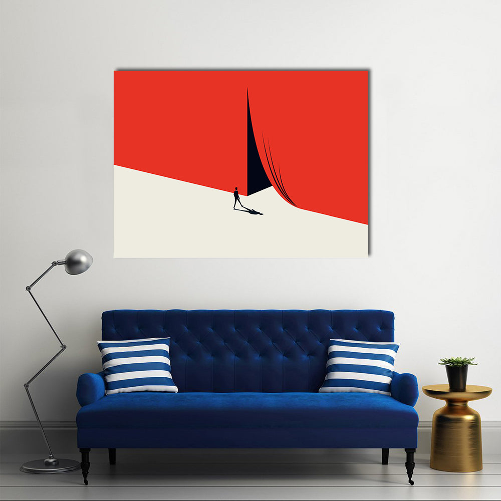 Man Walking Across Red Minimalist Landscape Canvas Wall Art in black, white and red, single panel hung on a wall