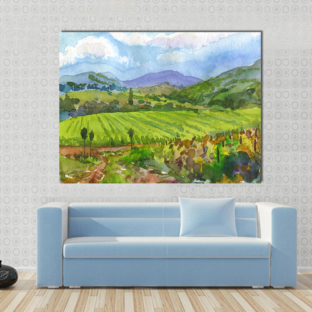 Watercolor Vineyard Landscape Canvas Wall Art