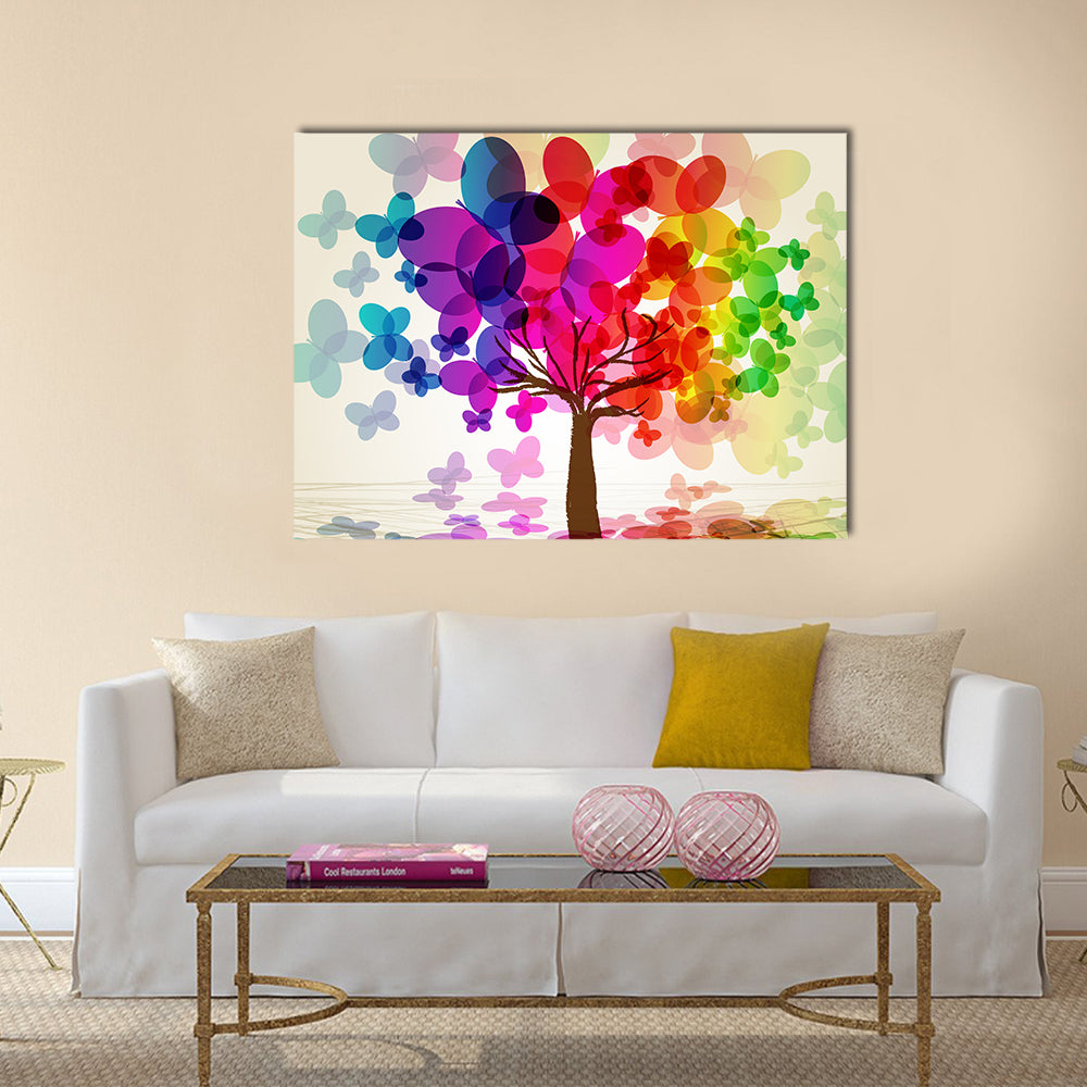 Abstract Colorful Tree with Butterflies Canvas Wall Art in beige and multicolor, single panel hung on a wall