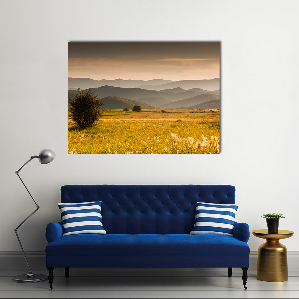 Golden Meadow and Rolling Hills Canvas Wall Art in brown, gold and yellow, single panel hung on a wall