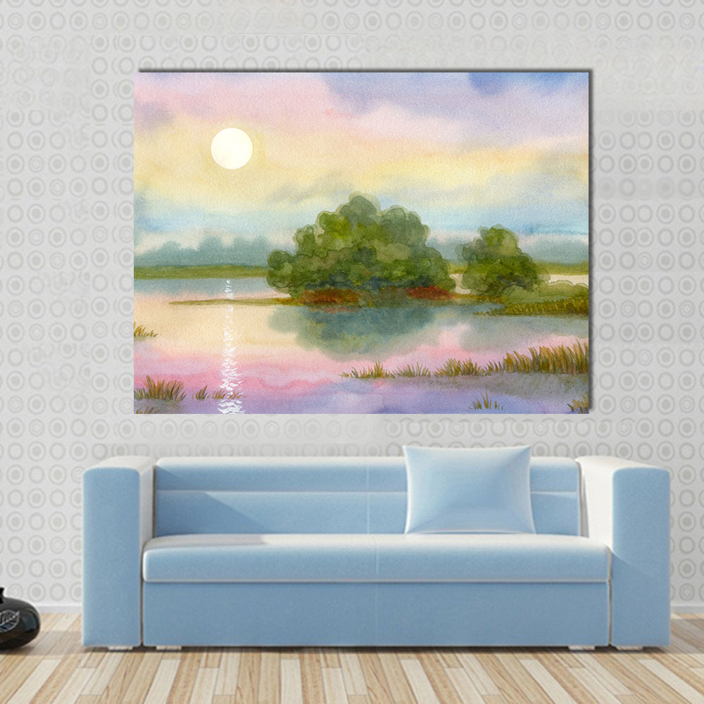 Sunrise Over Lake Canvas Wall Art in yellow, green and pink, single panel hung on a wall