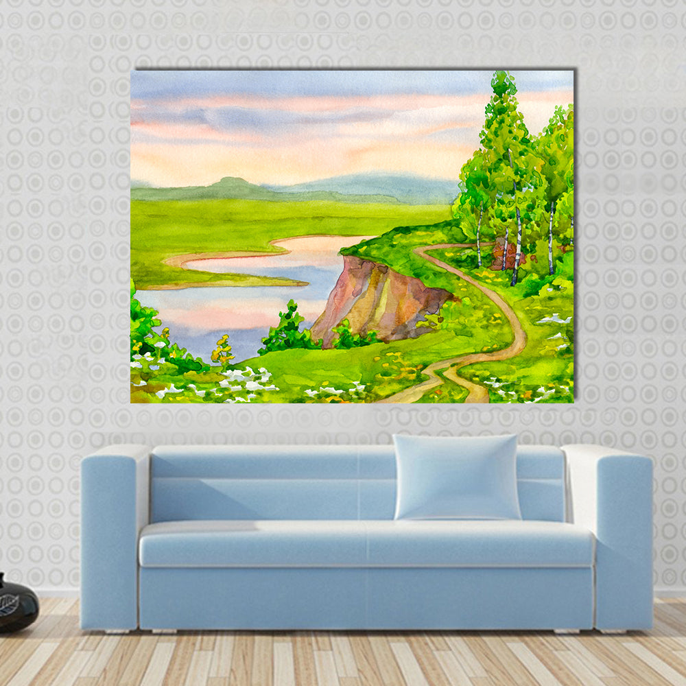 Watercolor Spring Landscape Canvas Wall Art in green, blue and pink, framed canvas, product view on a white background