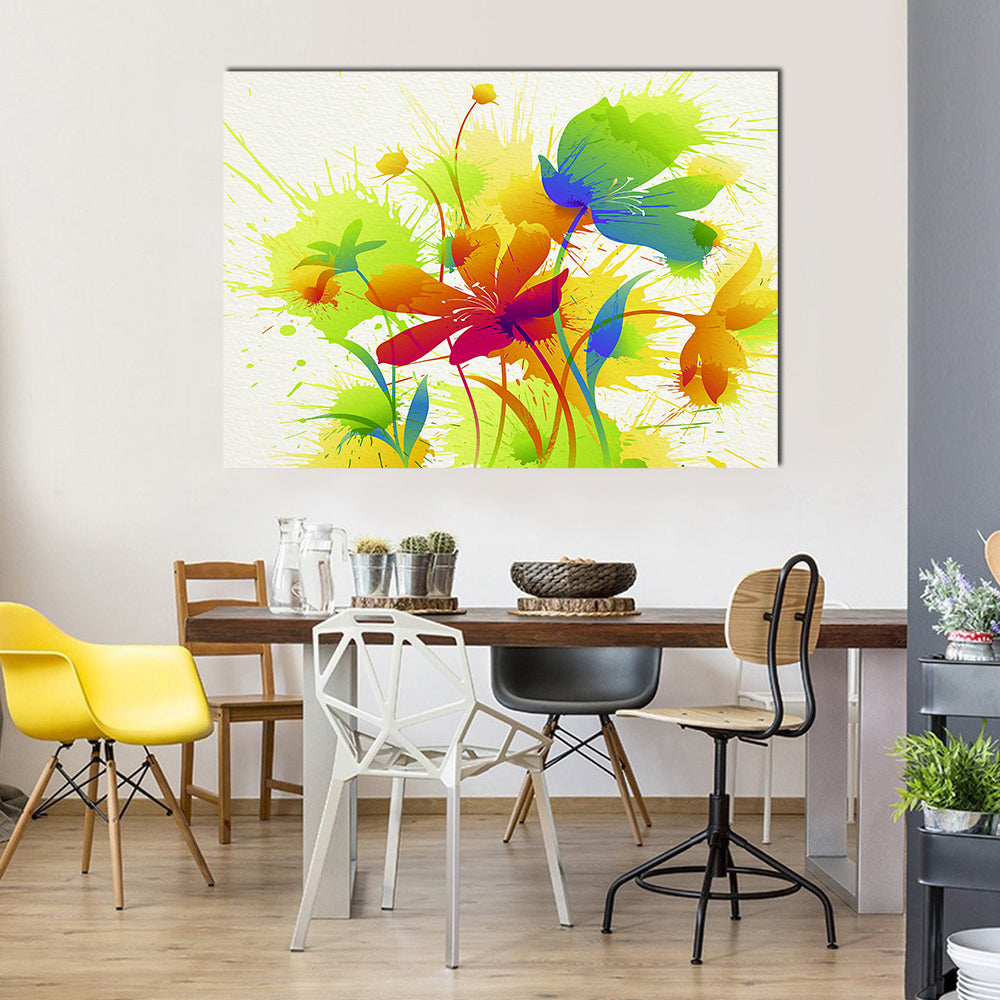 Colorful Abstract Floral Burst Canvas Wall Art in white, yellow and multicolor, single panel hung on a wall