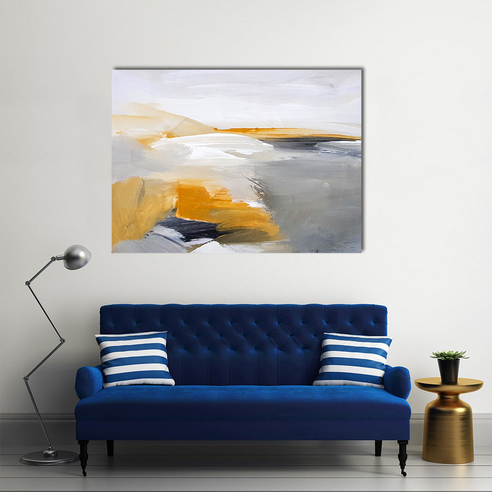 Flowing River Artwork Canvas Wall Art in white, gray and yellow, single panel hung on a wall