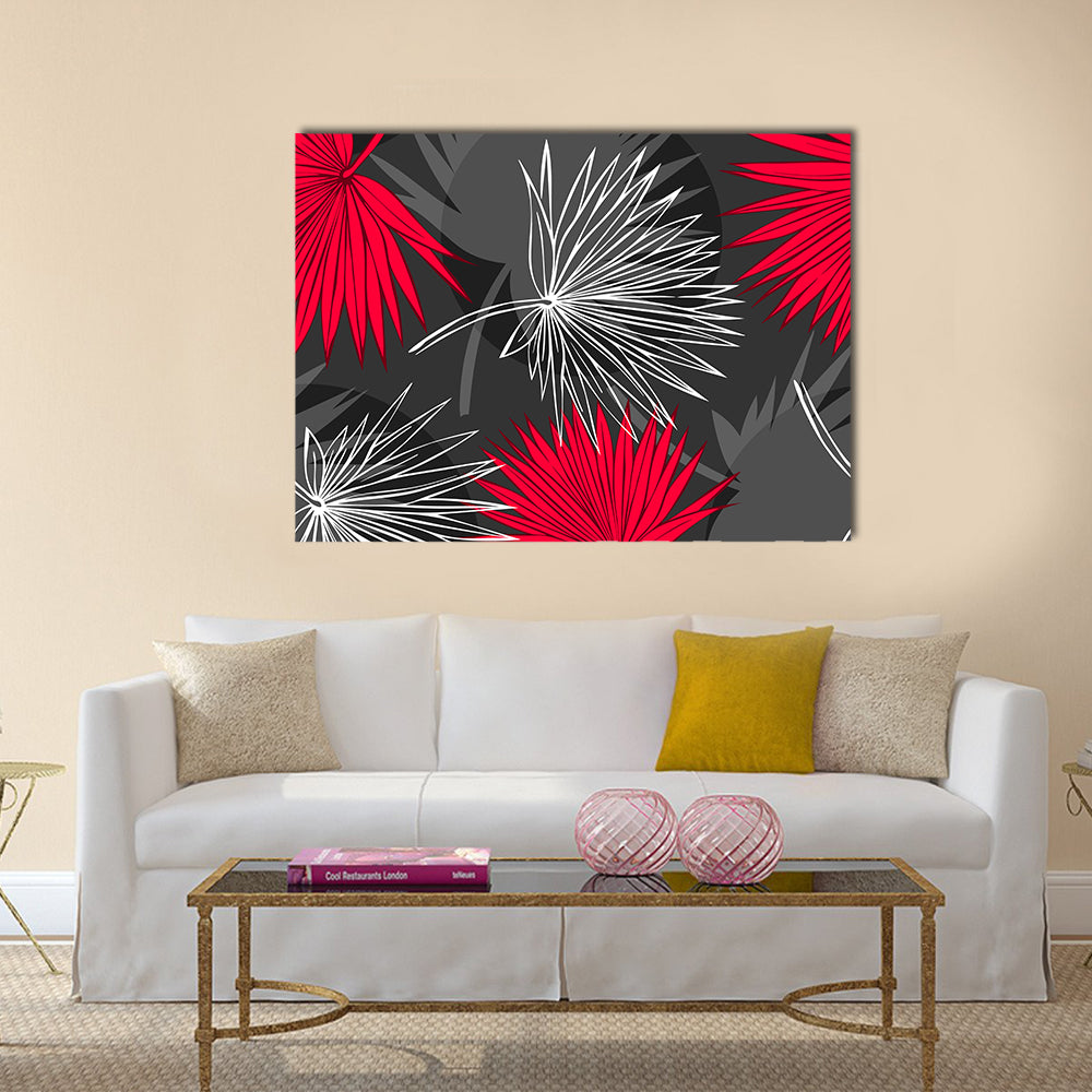 Red and Gray Palm Leaf Pattern Canvas Wall Art