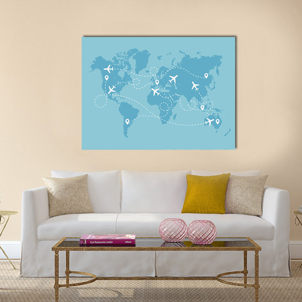 Airplane Routes on World Map Canvas Wall Art in white and blue, single panel hung on a wall