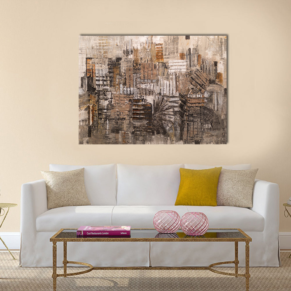 Old House Bricks Pattern Canvas Wall Art in gray, beige and brown, single panel hung on a wall