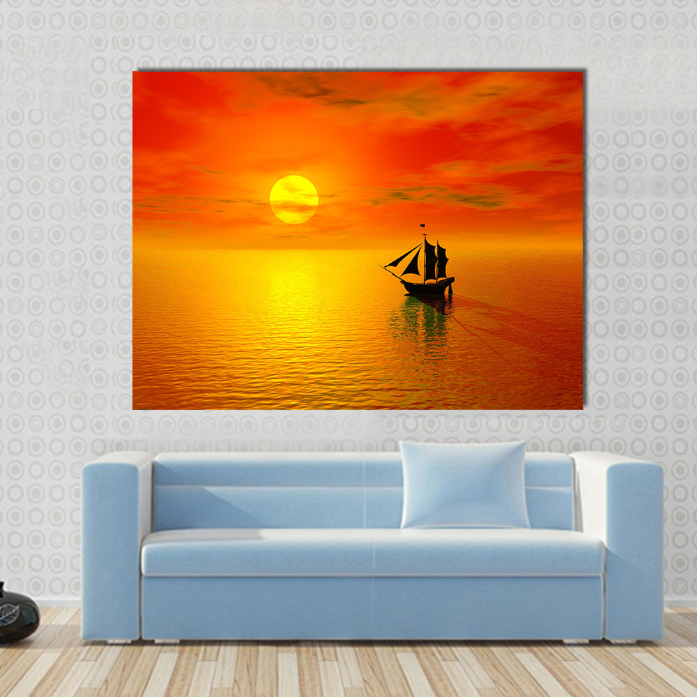 Old Boat Sunset Silhouette Canvas Wall Art