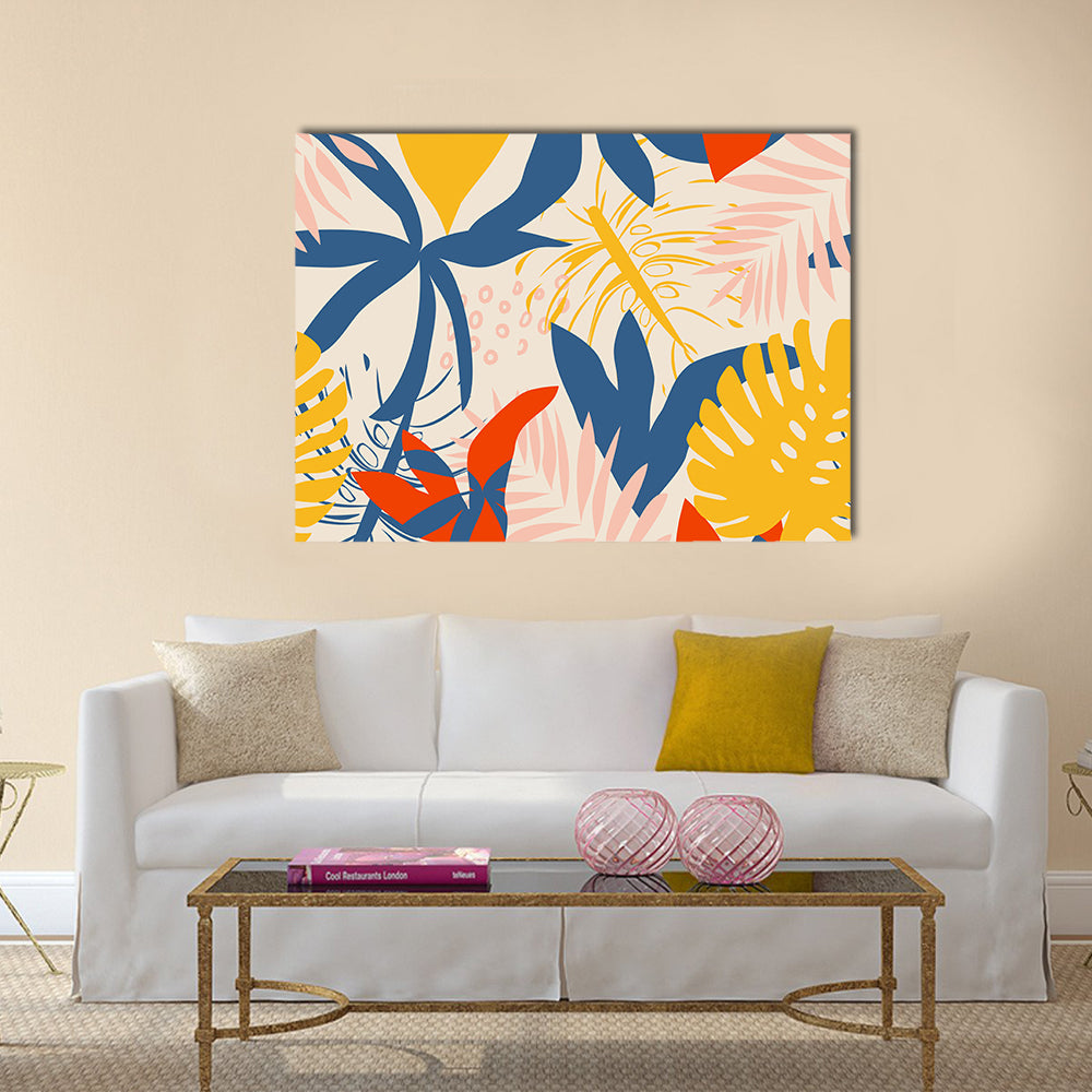 Summer Tropical Leaf Pattern Canvas Wall Art in beige, yellow and blue, single panel hung on a wall