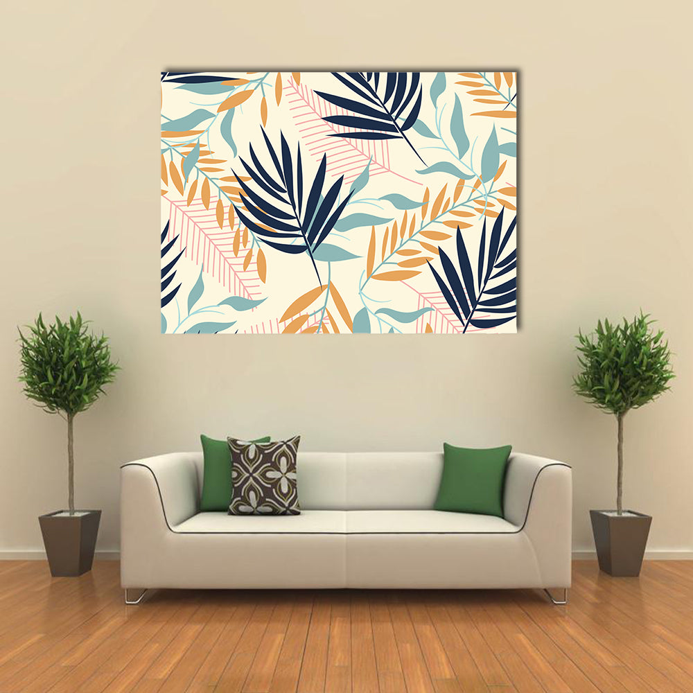 Tropical Leaves Pattern in Navy and Mustard Canvas Wall Art in beige, yellow and navy, single panel hung on a wall