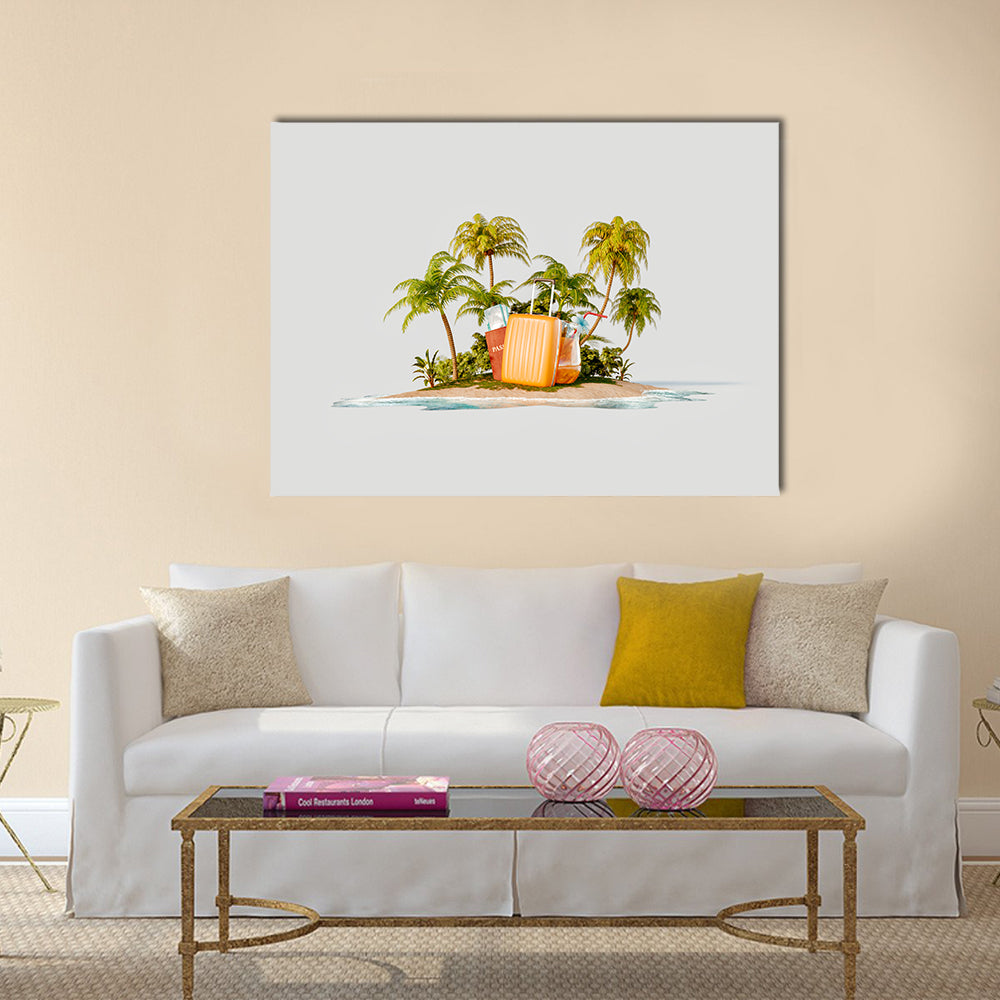 Tropical Island with Bright Orange Suitcase Canvas Wall Art in white, orange and green, single panel hung on a wall