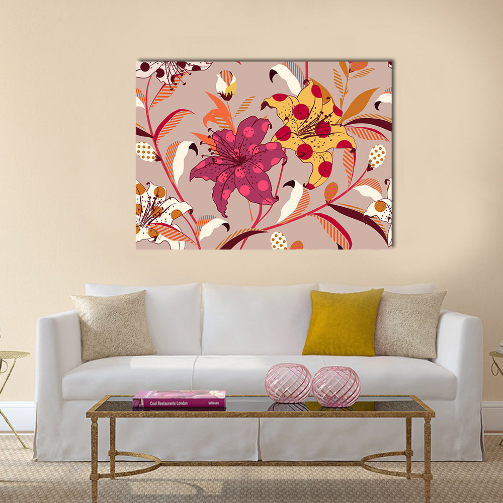 Retro Polka-dot Lily Pattern Canvas Wall Art in beige, yellow and pink, single panel hung on a wall