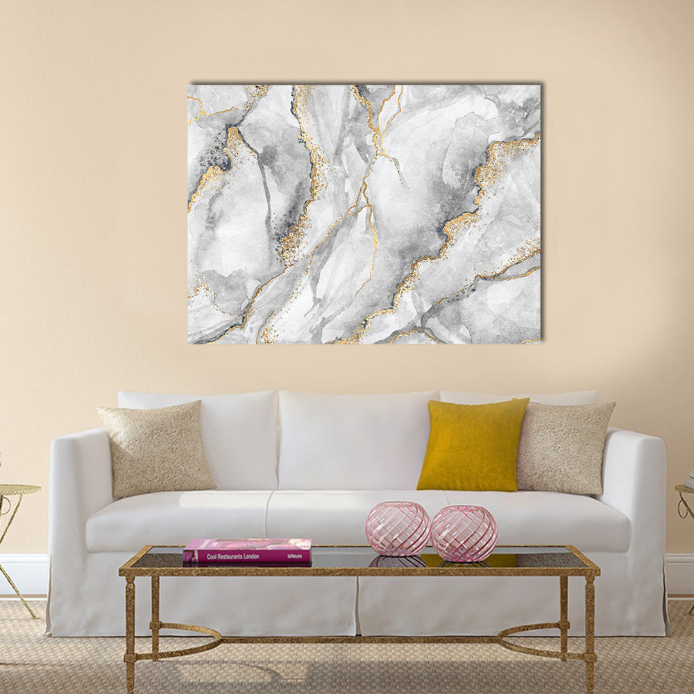 Marble with Gold Veins Canvas Wall Art in white, gray and gold, single panel hung on a wall