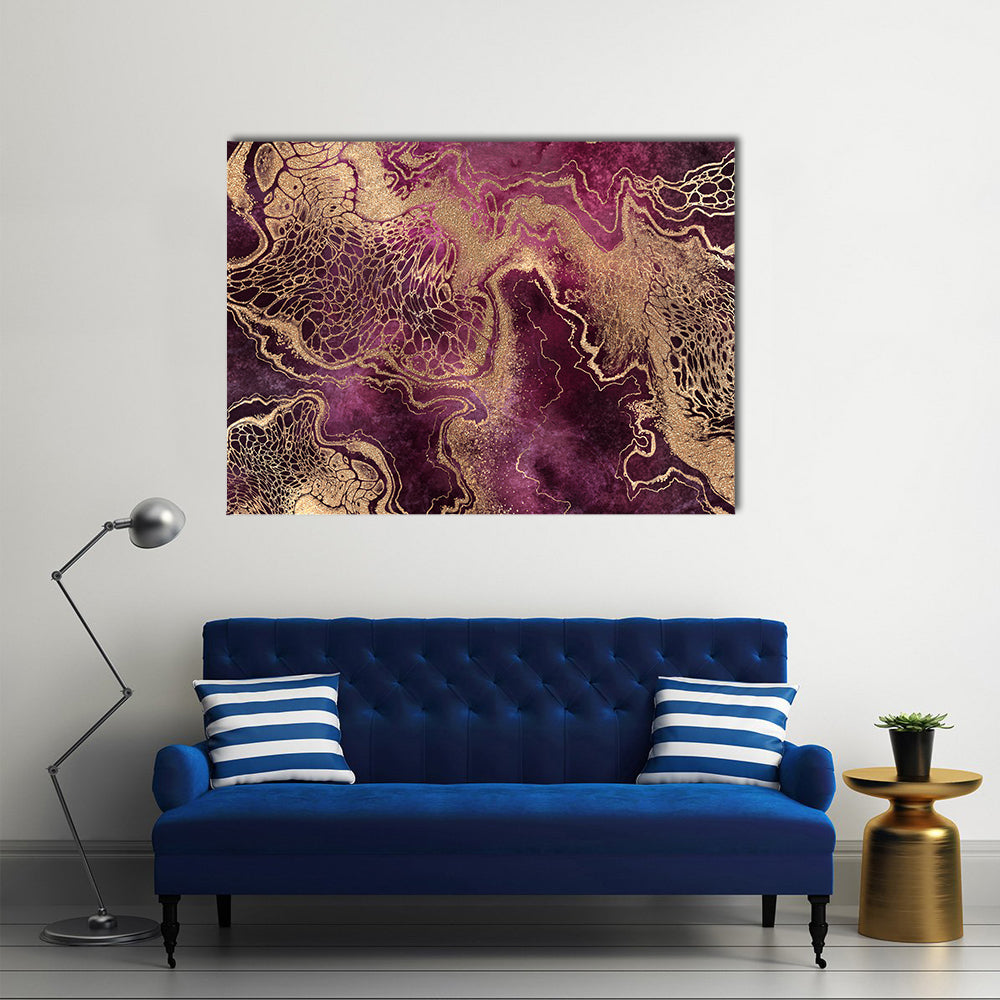 Gold Veined Marble Abstract Canvas Wall Art in gold and purple, single panel hung on a wall