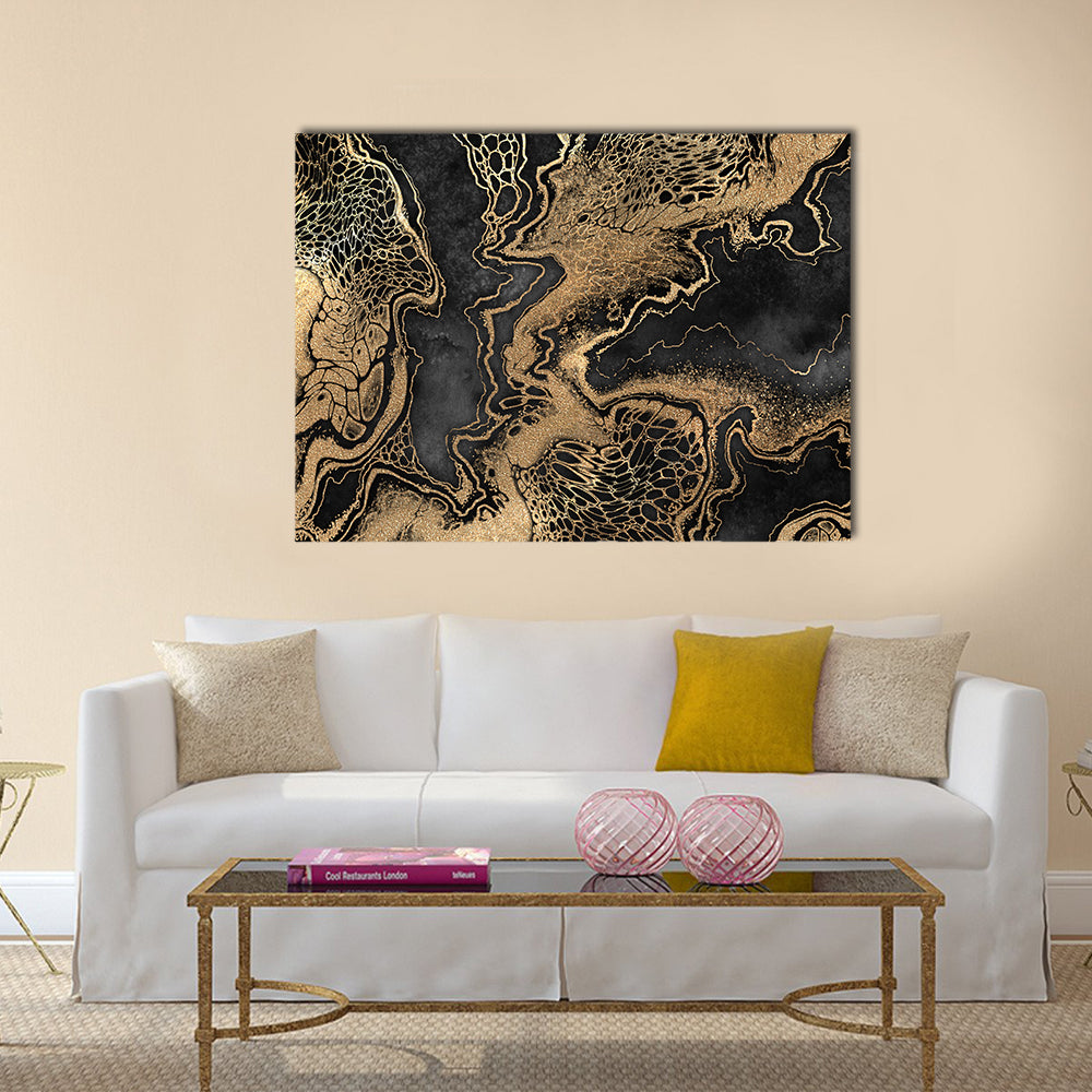 Gold Veined Marble Texture Canvas Wall Art in black and gold, single panel hung on a wall