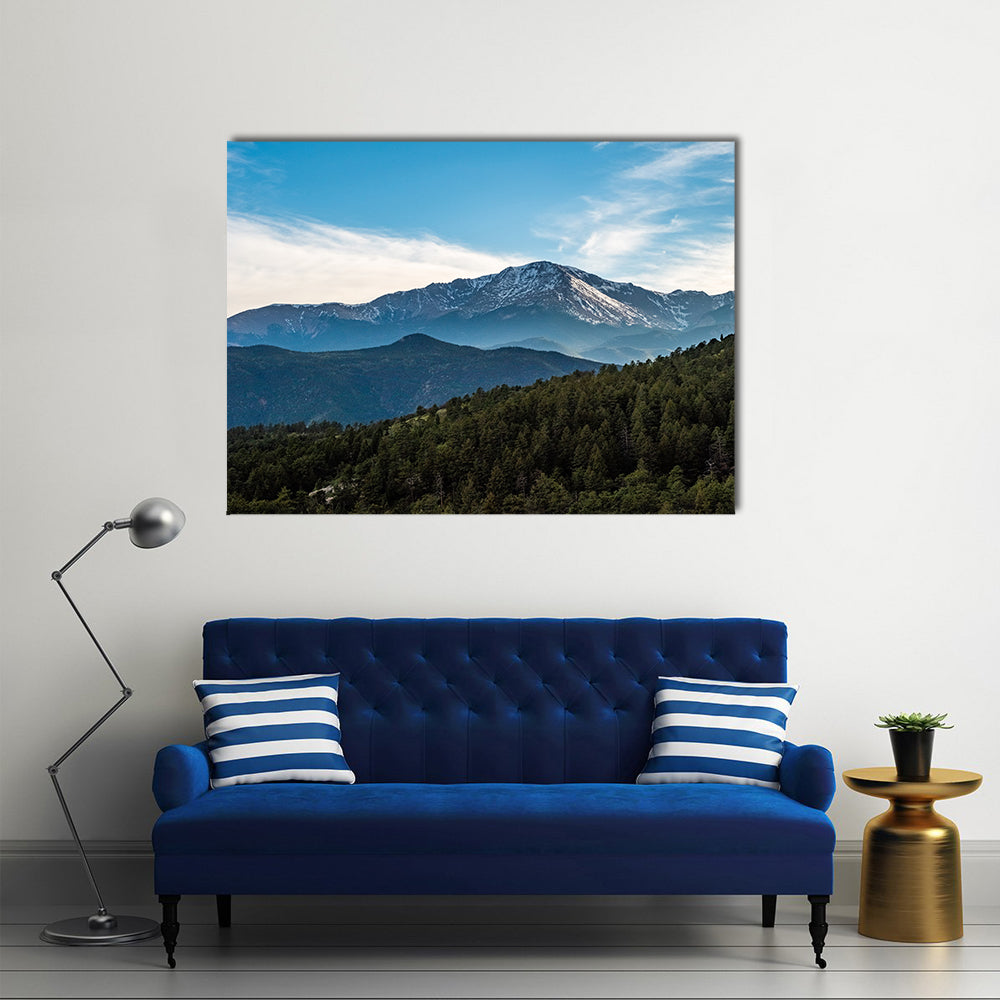 Pikes Peak Mountain Range Canvas Wall Art in white, green and blue, single panel hung on a wall