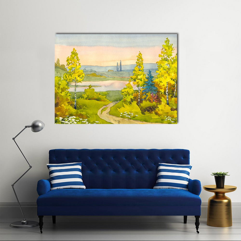 Watercolor Path To The Lake Canvas Wall Art