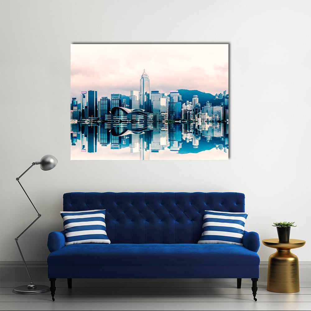 Hong Kong Cityscape At Victoria Harbour Canvas Wall Art in white, blue and pink, single panel hung on a wall