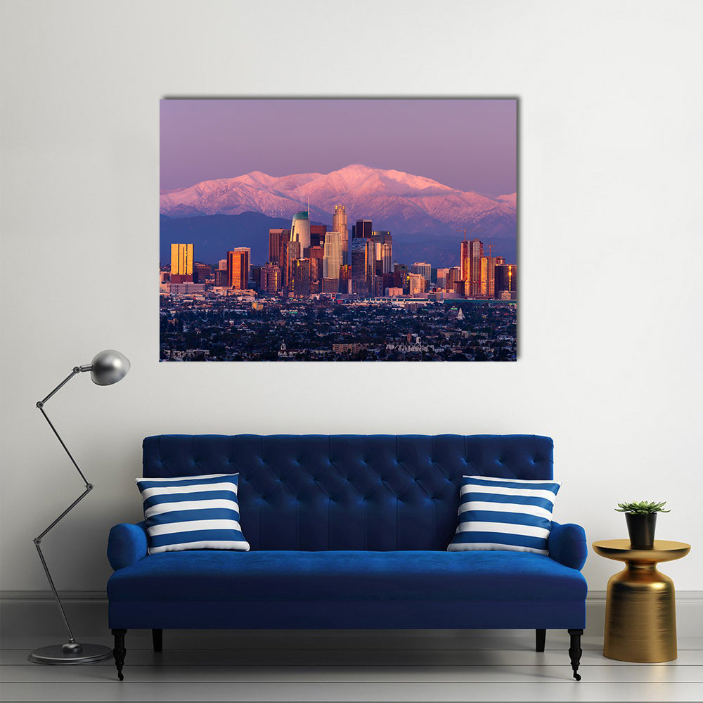 Downtown Los Angeles Skyline at Sunset Canvas Wall Art in orange, purple and pink, single panel hung on a wall