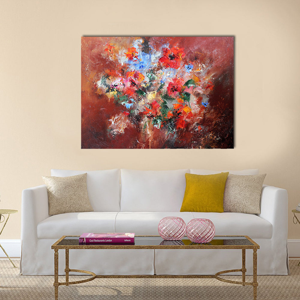 Abstract Bouquet with Red Poppies Canvas Wall Art in brown, red and multicolor, single panel hung on a wall