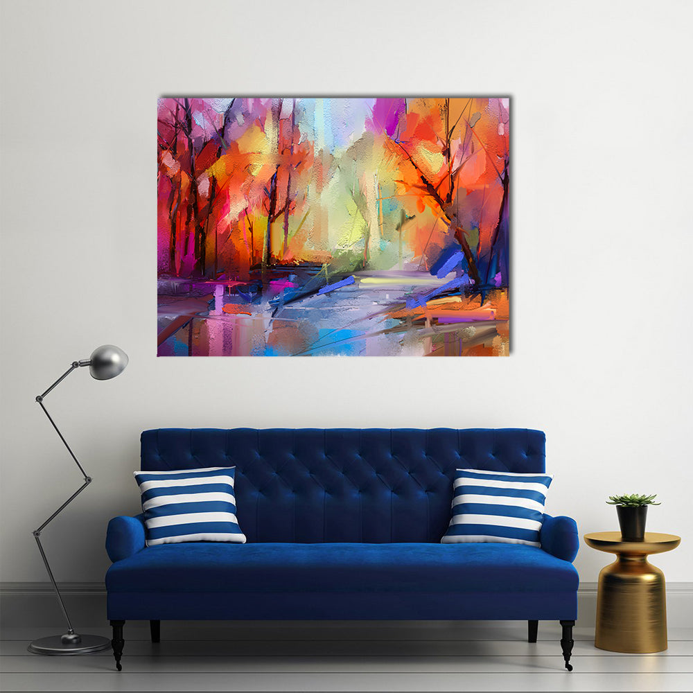 Autumn Forest Path Abstract Canvas Wall Art in orange, purple and multicolor, single panel hung on a wall