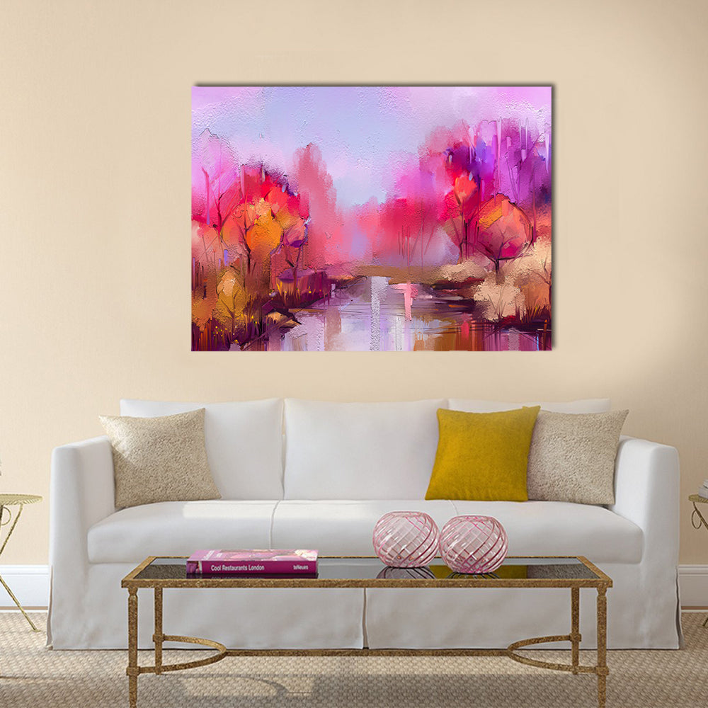 Colorful Autumn River Landscape Canvas Wall Art in orange, purple and pink, single panel hung on a wall