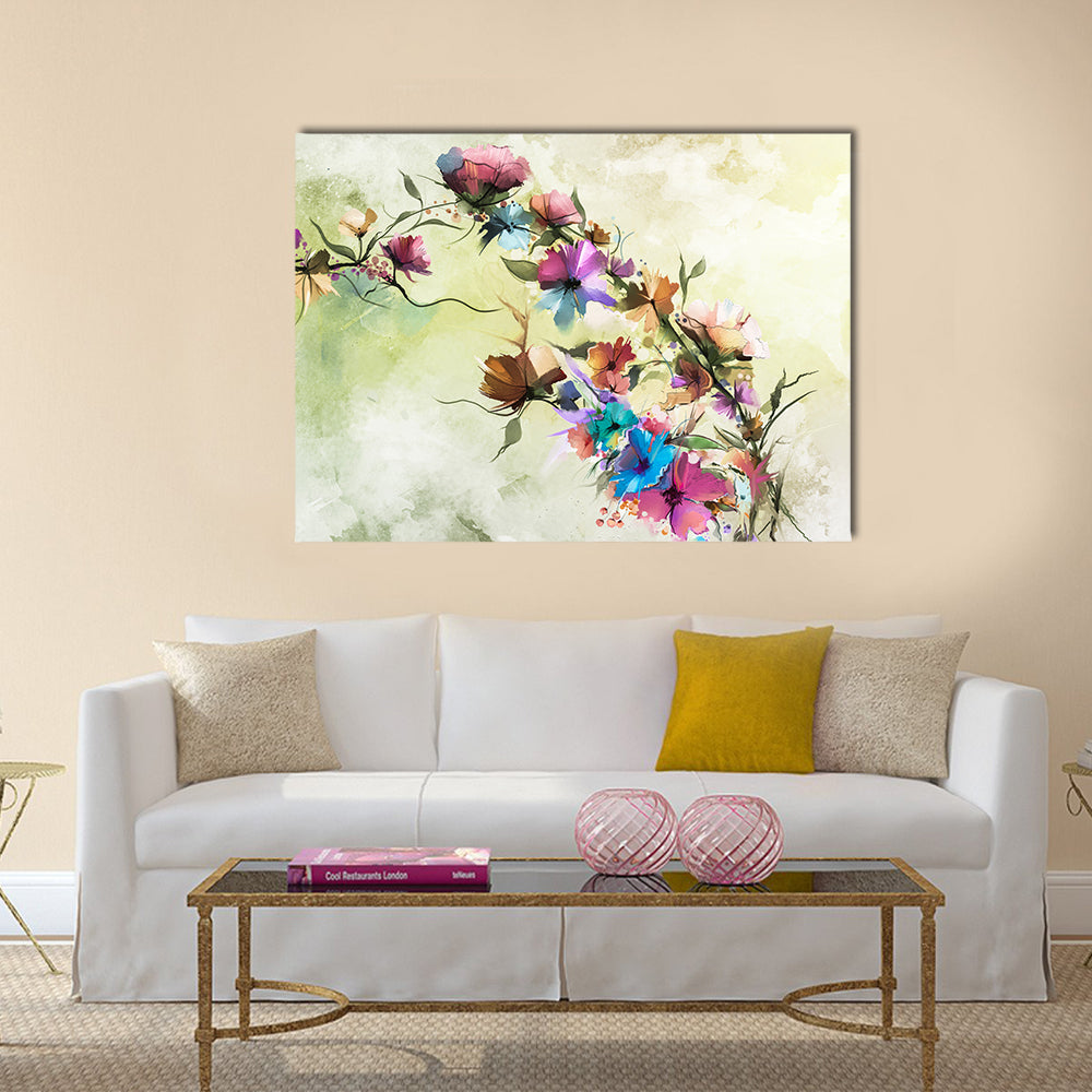 Colorful Abstract Floral Oil Painting Canvas Wall Art in beige, green and multicolor, single panel hung on a wall