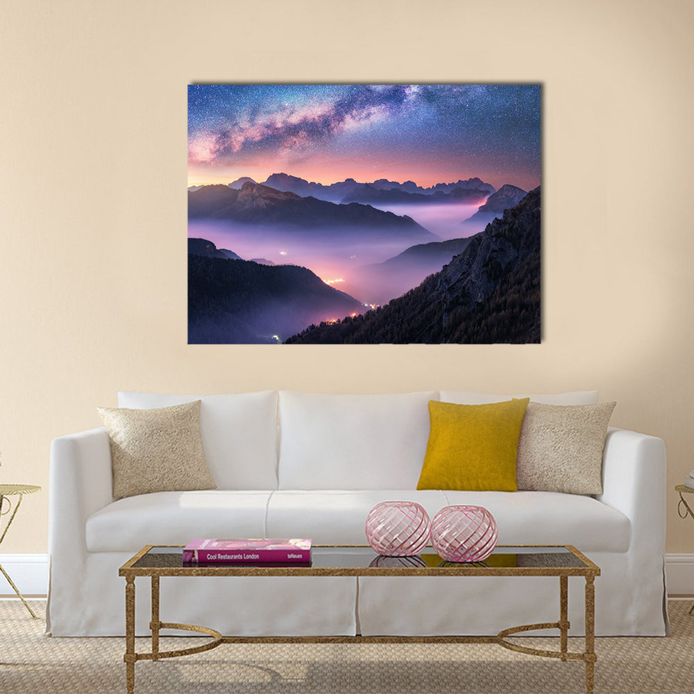 Milky Way Over Passo Giau, Dolomites Canvas Wall Art in black, blue and purple, single panel hung on a wall