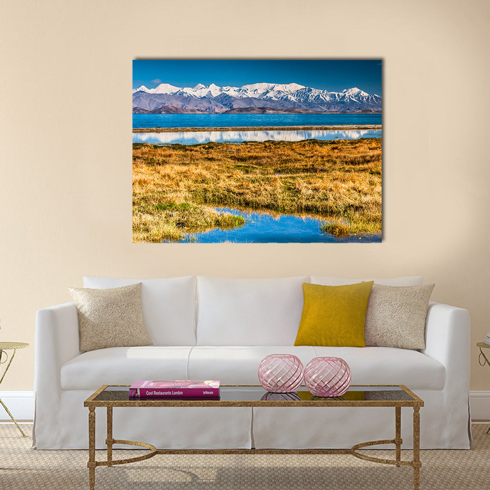 Karakul Lake In Pamir In Tajikistan Canvas Wall Art in brown, yellow and blue, single panel hung on a wall