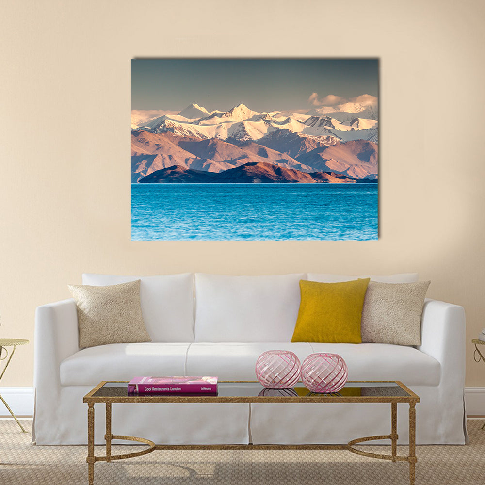 Scenic Karakul Lake In Pamir In Tajikistan Canvas Wall Art in white, brown and blue, single panel hung on a wall