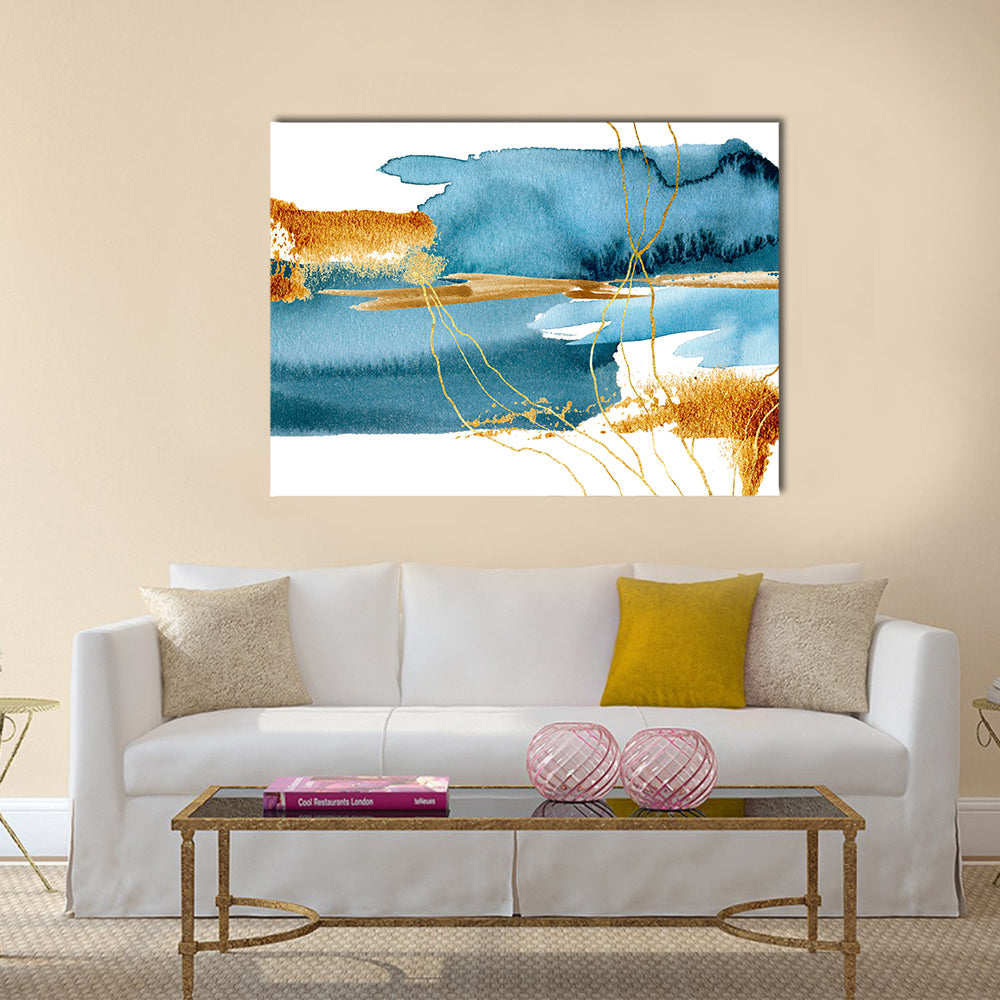 Blue and Gold Abstract Landscape Canvas Wall Art in white, gold and blue, single panel hung on a wall