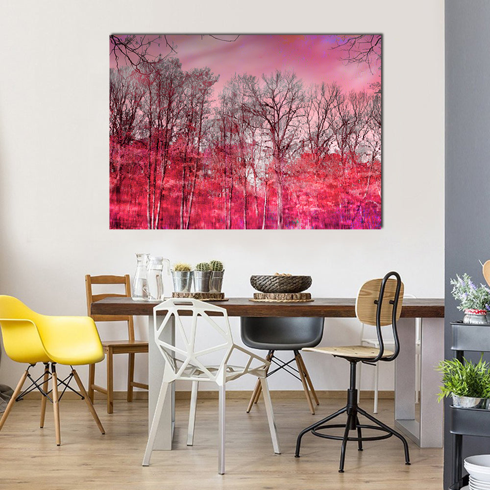 Surreal Pink Winter Forest Canvas Wall Art in gray, red and pink, single panel hung on a wall