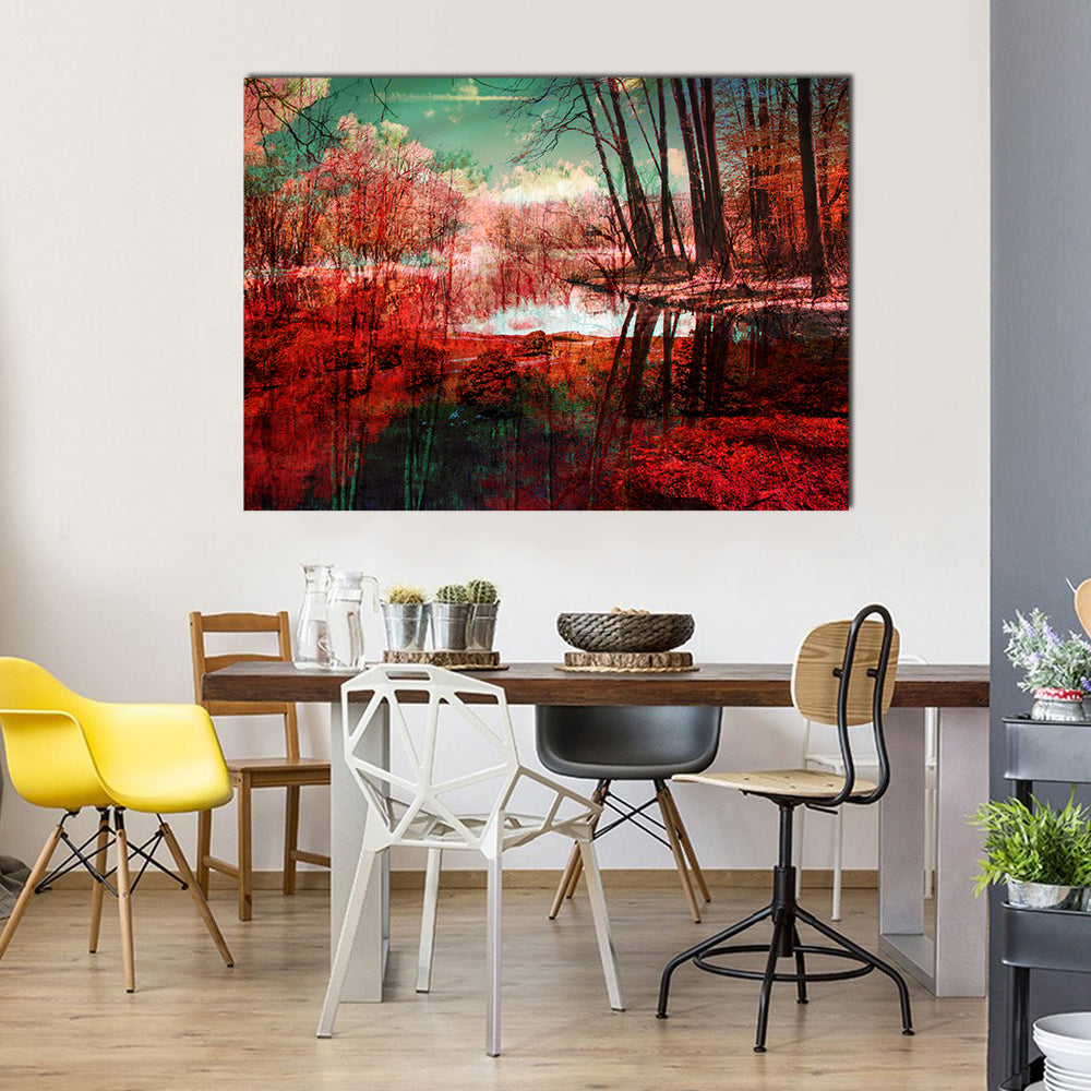 Surreal Autumn Forest Reflection Canvas Wall Art in red, orange and green, single panel hung on a wall