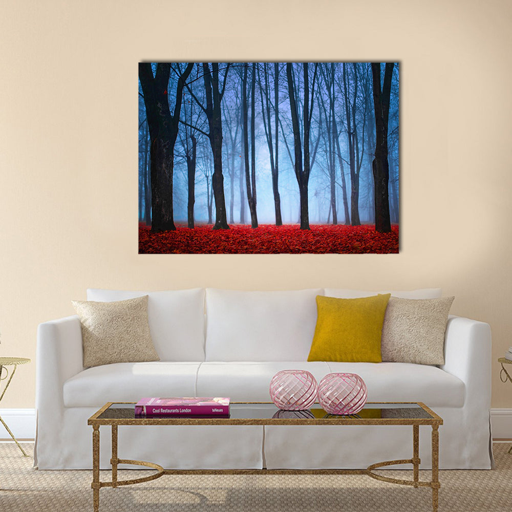 Foggy Autumn Forest with Red Leaves Canvas Wall Art