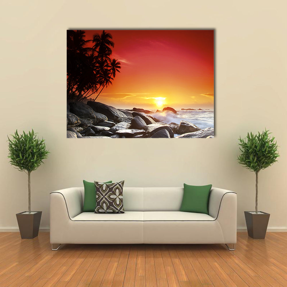 Sunset Over Sea Beach In Sri Lanka Canvas Wall Art