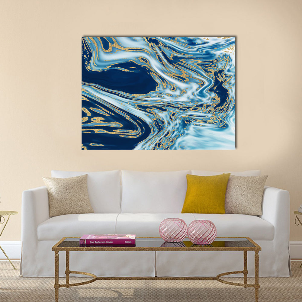 Liquid Marble with Gold Veins Canvas Wall Art in white, gold and blue, single panel hung on a wall