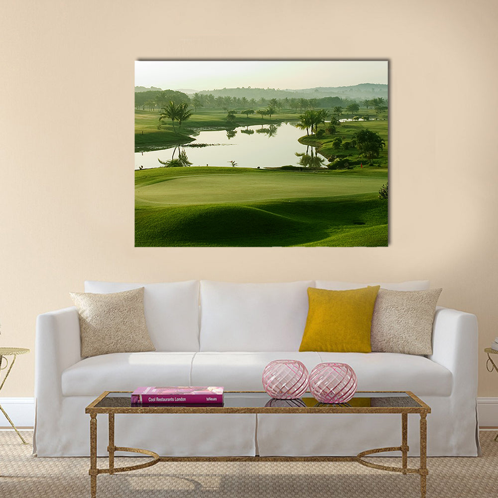 Sunrise Golf Course with Lake Canvas Wall Art in white, yellow and green, single panel hung on a wall