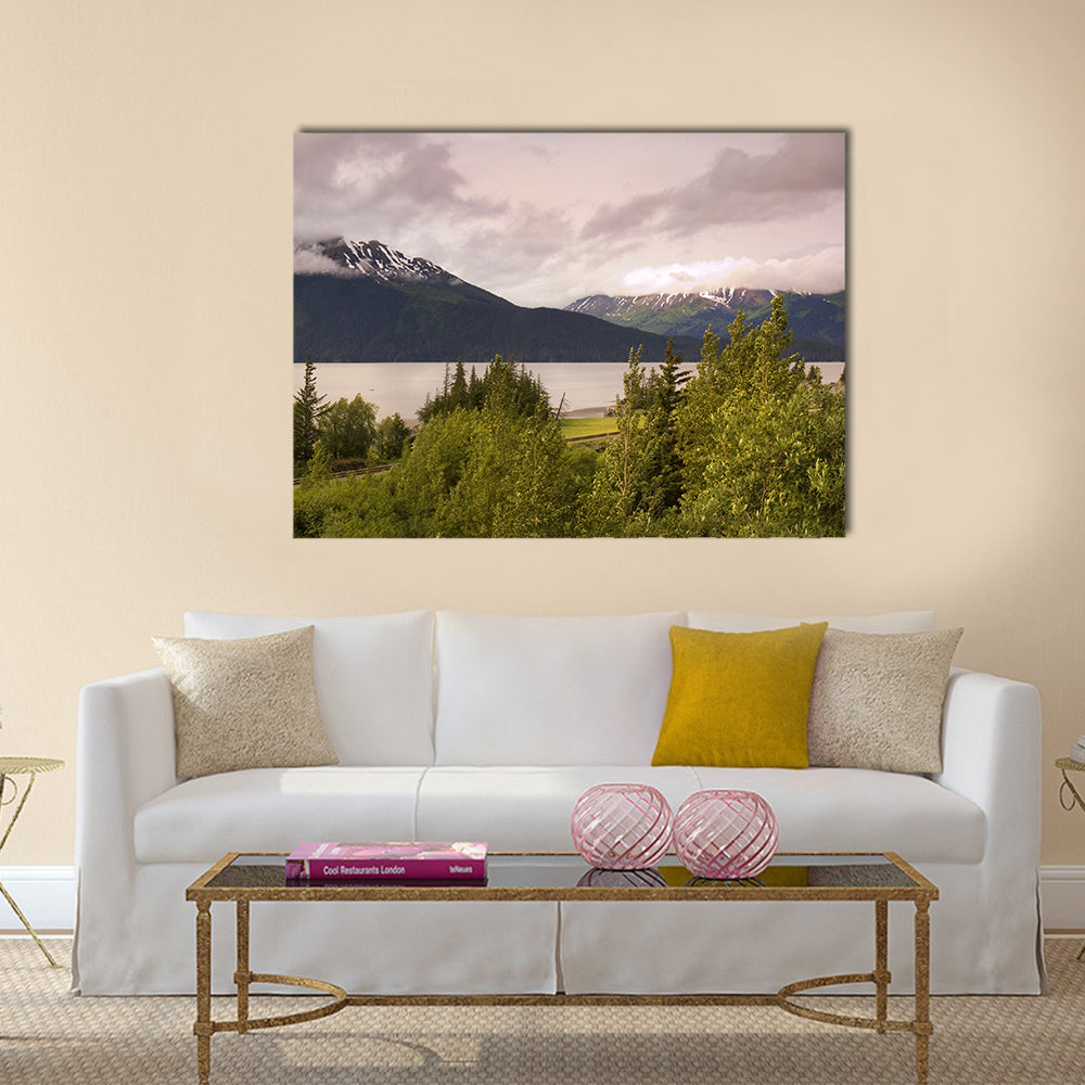 Mountain Lake In Alaska Canvas Wall Art in gray, green and blue, single panel hung on a wall